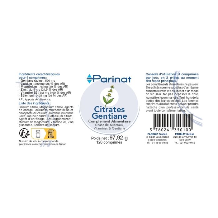 Citrates - Gentiane - Flacon de 120 comprimés